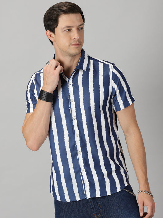 Navy Blue & White Vertical Stripes Printed Shirt