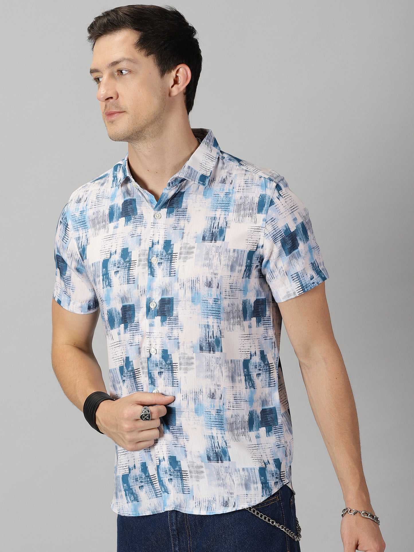 Abstract Blue Monochrome Printed Shirt
