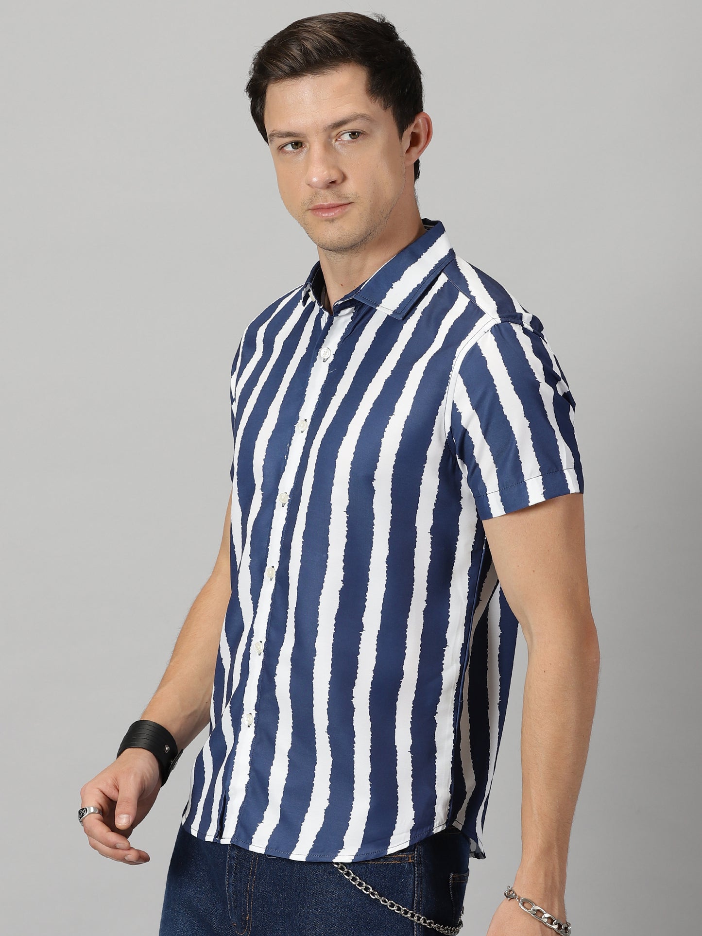 Navy Blue & White Vertical Stripes Printed Shirt