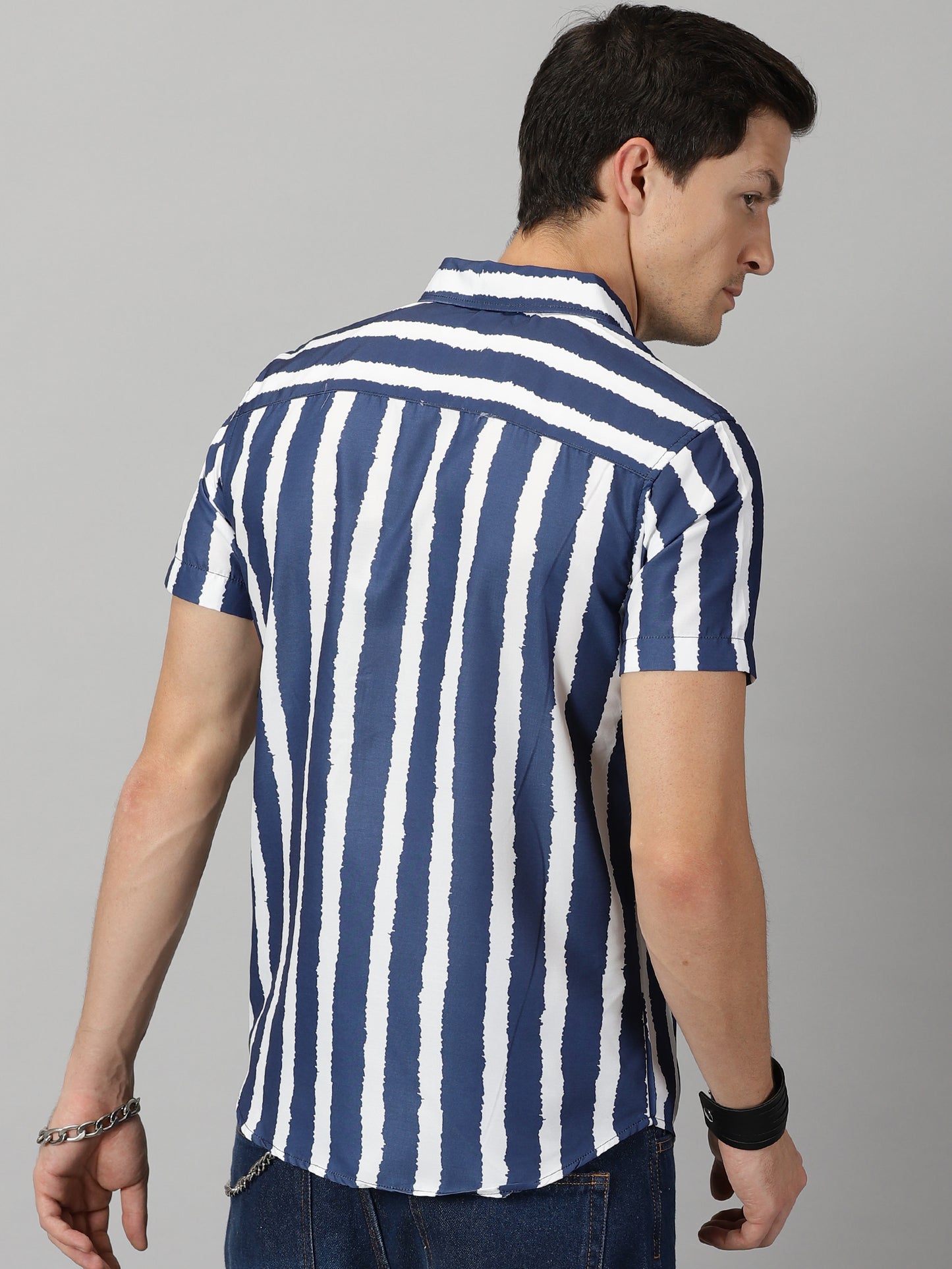 Navy Blue & White Vertical Stripes Printed Shirt