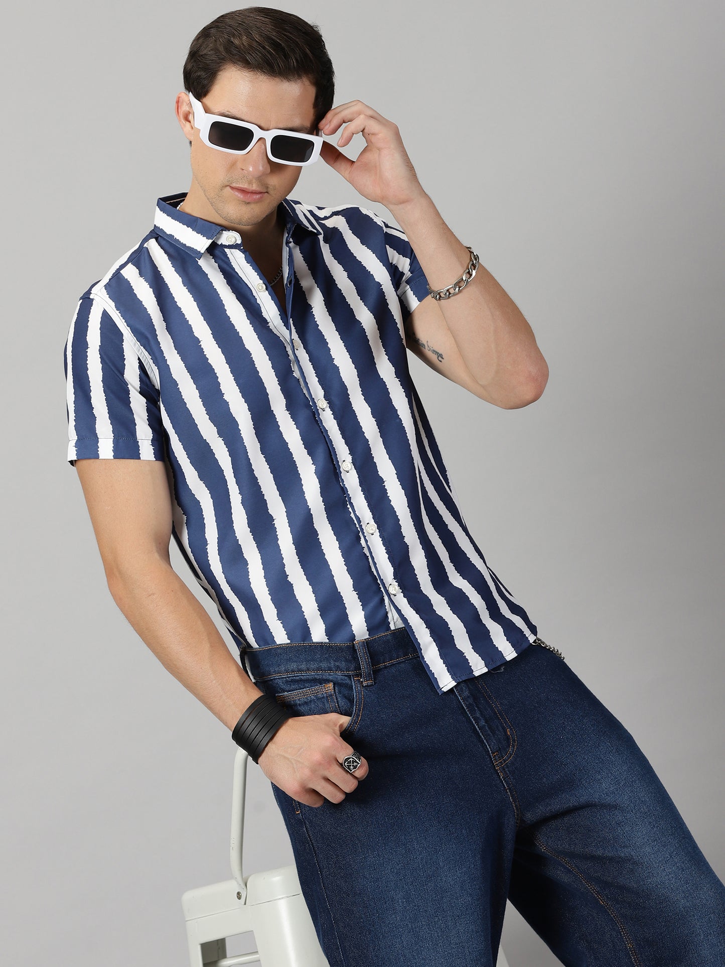 Navy Blue & White Vertical Stripes Printed Shirt
