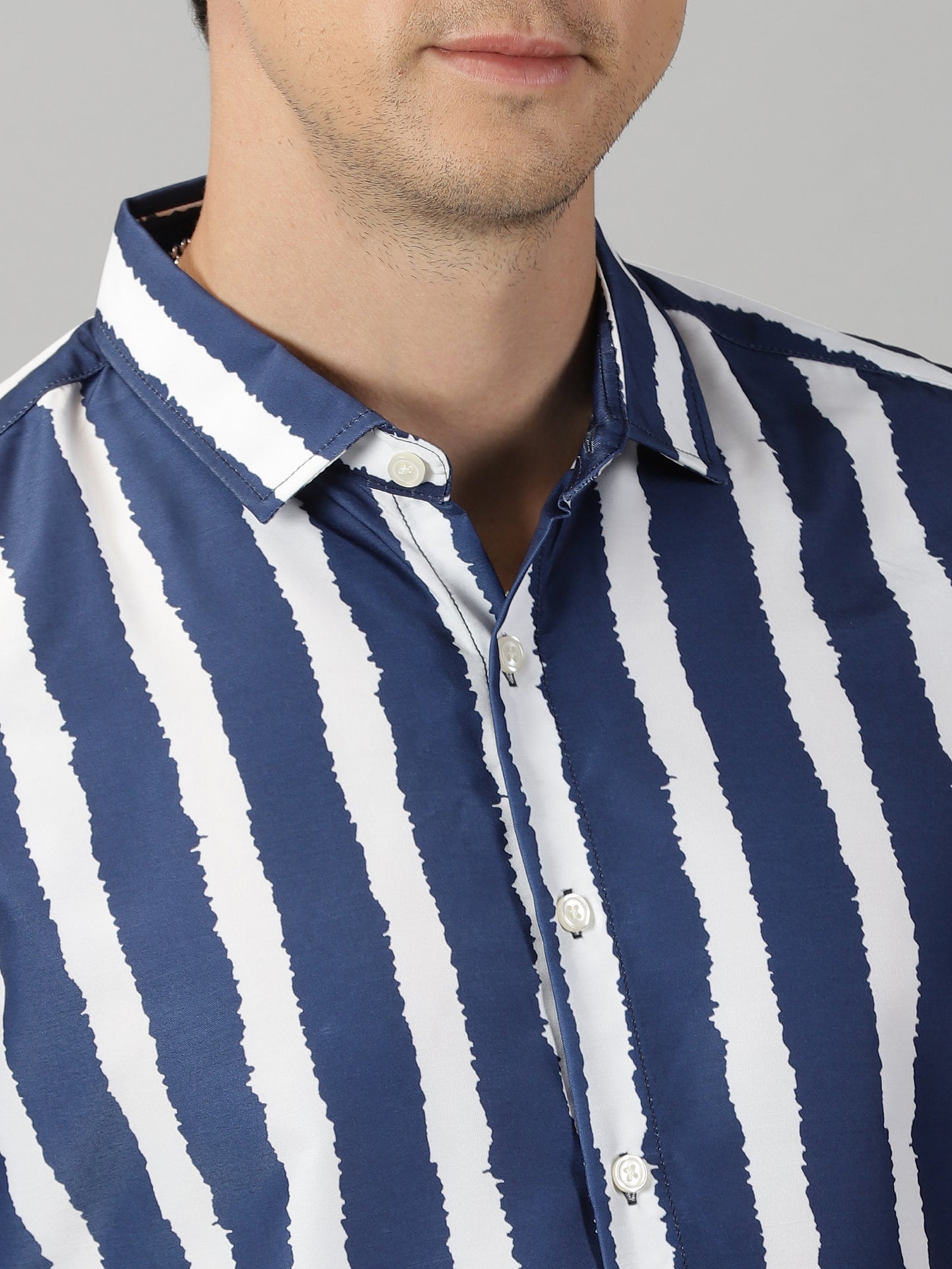 Navy Blue & White Vertical Stripes Printed Shirt